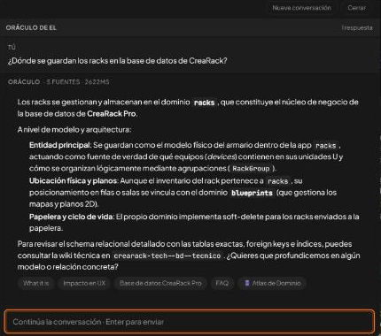 El buscador del Workspace responde a la pregunta «¿Dónde se guardan los racks en la base de datos de CreaRack?» con una explicación en tres puntos y cinco documentos de referencia debajo.